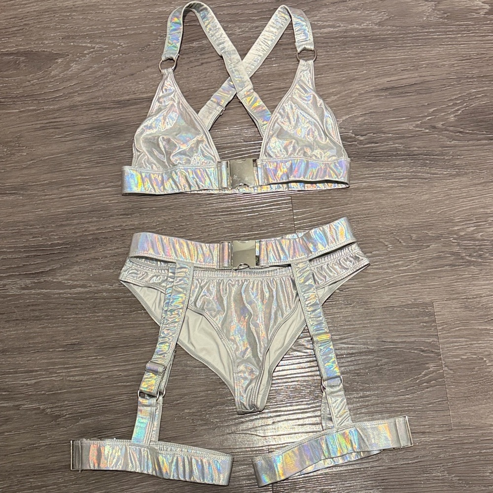 Dolls Kill Iridescent Holographic Silver Lingerie Set with Garter Straps
